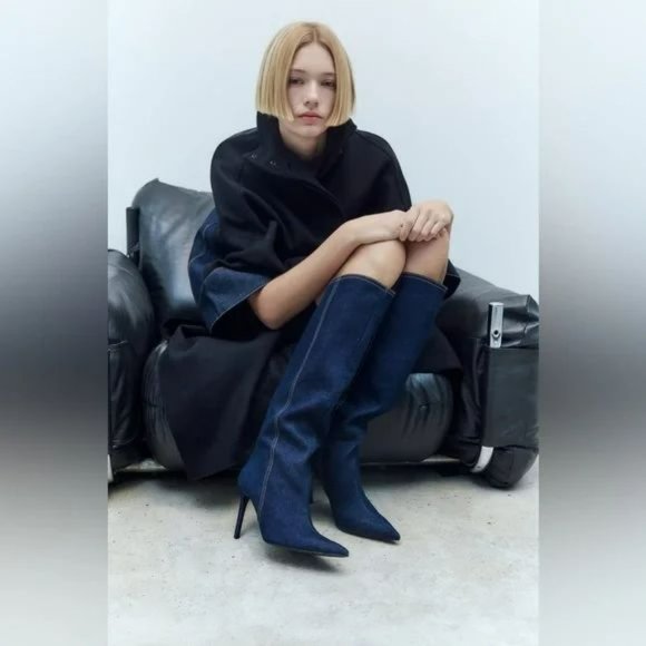 ZARA HEELED DENIM KNEE HIGH BOOTS NWT - Picture 4 of 11